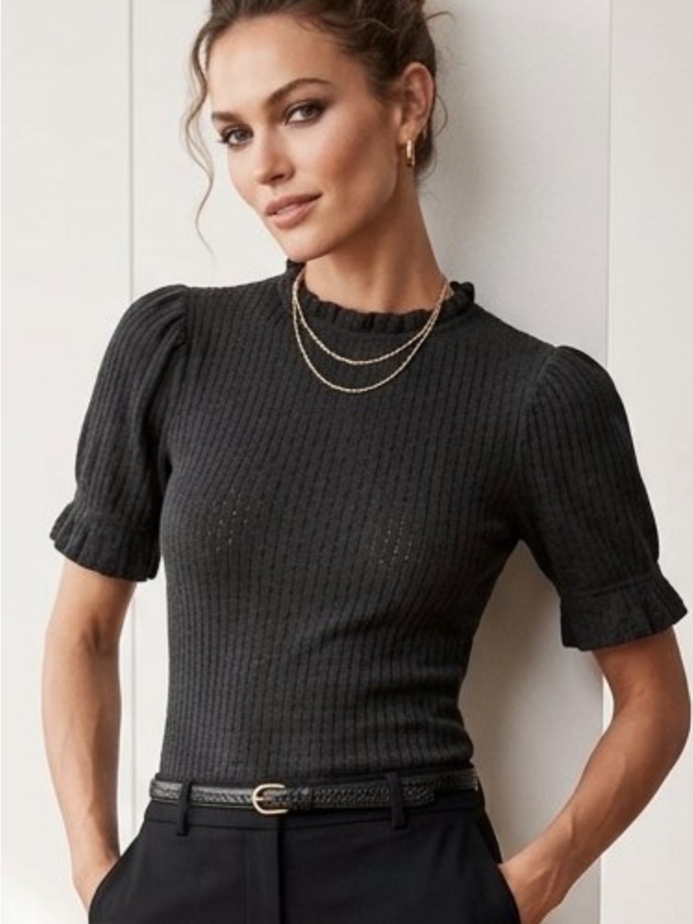 J Crew womens Ribbed Ruffle Puff Sleeve Knit Top T-shirt- Black